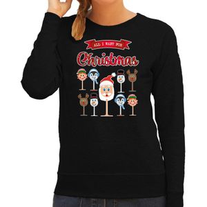 Foute Kersttrui/sweater voor dames - Kerst Wijn - zwart - All I Want For Christmas - kerst truien