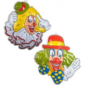 Carnaval/party decoratie borden  - 3x Clown hoofden - wand/muur versiering - 50 x 50 cm - plastic - Feestdecoratieborden