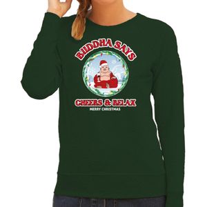 Foute Kersttrui/sweater voor dames - buddha says cheers &amp;amp; relax - groen - proost - wijn - kerst truien