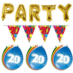 Verjaardag feestversiering 20 jaar PARTY letters en 16x ballonnen met 2x plastic vlaggetjes - Vlaggenlijnen
