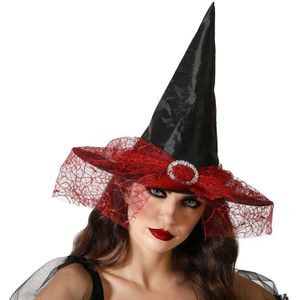 Halloween heksenhoed - met sluier  - one size - zwart/rood - meisjes/dames - Verkleedhoofddeksels