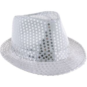 Carnaval verkleed Trilby hoedje met glitter pailletten - zilver - polyester - heren/dames - Verkleedhoofddeksels