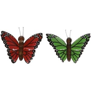 2x magneet hout rode en groene vlinder - Magneten