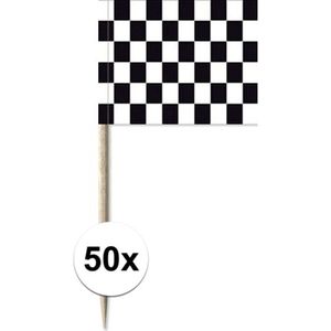 50x Zwart/witte finish vlag cocktailprikkertjes/kaasprikkertjes 8 cm - Cocktailprikkers