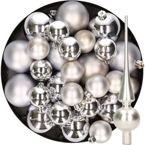 Kerstversiering kunststof kerstballen met piek zilver 6-8-10 cm pakket van 37x stuks - Kerstbal