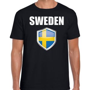 Zweden landen supporter t-shirt met Zweedse vlag schild zwart heren - Feestshirts