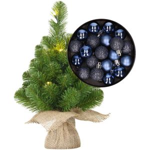 Mini kerstboom/kunstboom met verlichting 45 cm en inclusief kerstballen donkerblauw - Kunstkerstboom