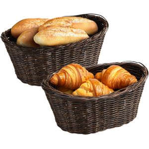 Brood/fruit mandje - 2x - gevlochten kunststof - donkerbuin - ovaal - L28 x B21 x H13 cm - broodmand - broodmand