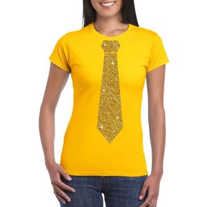 Geel fun t-shirt met stropdas in glitter goud dames - Feestshirts