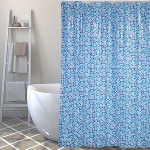 MSV Douchegordijn met ringen - blauw tegels patroon - PVC - 180 x 200 cm - wasbaar - Voor bad en douche