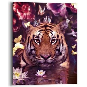 Schilderij Flora Tiger Bloemen - Vlinders - Waterlelies - Kolibrie - Deco Panel 40x50 Cm Hout Paars | Muurdecoratie