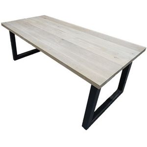 Tafel Met Eiken Blad En Stalen Trapezium Onderstel 1,80m