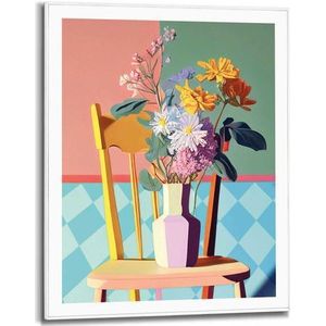 Schilderij Floral Chair Bloemen - Stoel - Artprint - Kleurrijk - Slim Frame 40x50 Cm Mdf Bont