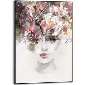 Schilderij Aquarel Beauty Bloemen - Vrouw - Rode Lippen - Slim Frame 50x70 Cm Mdf Bont