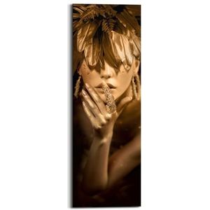 Schilderij Stylisch Girl Goud - Ring - Glamorous - Body Paint - Deco Panel 30x90 Cm Hout Goudkleurig