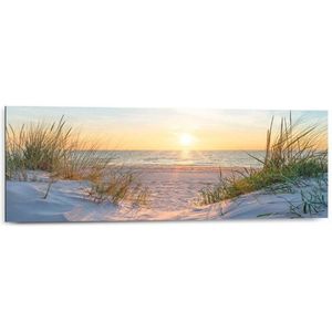 Schilderij Zonsondergang Strand - Zee - Zand - Duinen - Deco Panel 90x30 Cm Hout Beige