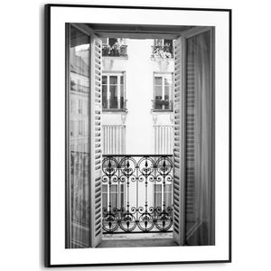 Schilderij Frans Balkon Frankrijk - Straat - Vintage - Slim Frame 30 X 40 Cm Mdf Zwart-wit | Muurdecoratie