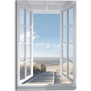 Schilderij Noordzee Uitzicht Strand - Zee - Raam - Deco Panel 60 X 90 Cm Hout Blauw | Muurdecoratie