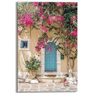 Schilderij Griekenland Kefalonia - Huis - Vakantie - Bloemen - Deco Panel 60x90 Cm Hout Bont | Muurdecoratie