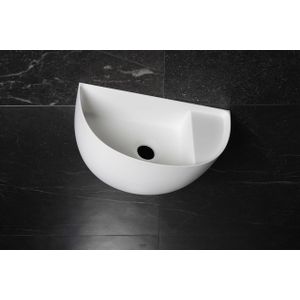 Luca Sanitair wandfontein half rond 38x20x28h met dunne rand in solid surface mat wit incl. afvoerset met plug chroom