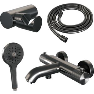 Brauer Gunmetal Carving Badthermostaat Met Badset - 3 Standen Handdouche - Gunmetal Geborsteld PVD - Messing - Kranen - Badkranen - Opbouw Badkranen