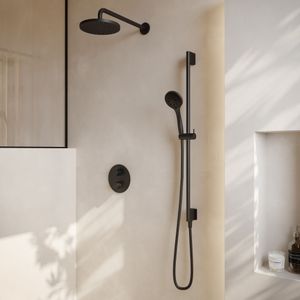 Hotbath Cobber IBS20A Inbouw Doucheset - Geborsteld Messing PVD - Met Staafhanddouche - 30cm Hoofddouche - Met Wandarm - Glijstang Met Uitlaat