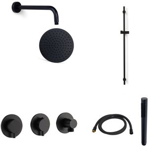 Blue Label Brondby Inbouw Doucheset 3-weg - Mat Zwart - Ronde Handdouche - Plafondbuis 20cm - Wandhouder - Messing - Kranen - Douchekranen