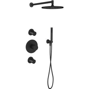 Regn Inbouw Doucheset Met 2 Stopkranen - Staafhanddouche - 25cm Hoofddouche - Plafondbuis - Wandsteun - Mat Zwart - Messing - Kranen - Douchekranen
