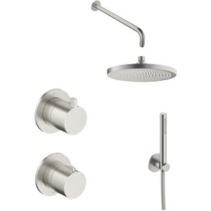 Hotbath ACE Inbouw Doucheset 2-weg Omstel Thermostatisch - Geborsteld Nikkel - 3 Standen Handdouche - 30cm Hoofddouche - Plafondbuis 15cm - Glijstang