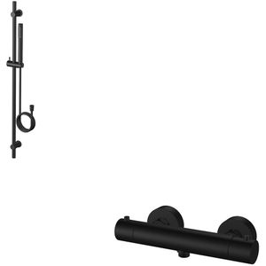 Regn Glijstangset Met Thermostaat Geborsteld Mat Zwart - Messing - Kranen - Douchekranen - Douchesets - Opbouw Douchesets - Glijstangsets Met