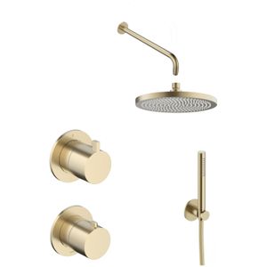 Hotbath ACE Inbouw Doucheset 2-weg Omstel Thermostatisch - Geborsteld Messing PVD - Staafhanddouche - 23cm Velvet Hoofddouche - Wandarm - Wandhouder