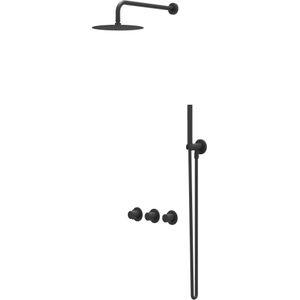 IVY Bond Inbouw Regendoucheset Symmetry 2 Stopkranen - 15cm Plafondbuis - 30cm Slim Hoofddouche - Wandhouder - Satin Spray Handdouche - Mat Zwart Ped