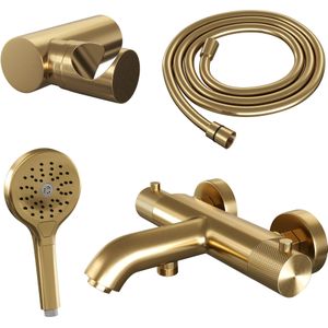 Brauer Gold Carving Badthermostaat Met Badset - 3 Standen Handdouche - Geborsteld Goud PVD - Messing - Kranen - Badkranen - Opbouw Badkranen