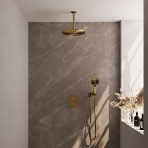 Brauer Gold Edition Inbouw Regendoucheset 3-weg Rond - 30cm Hoofddouche - Plafondarm - 3 Standen Handdouche - Wandhouder - Geborsteld Goud PVD