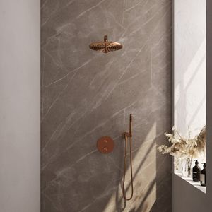 Brauer Copper Edition Inbouw Regendoucheset 3-weg Rond - 30cm Hoofddouche - Rechte Wandarm - Staafhanddouche - Wandhouder - Geborsteld Koper PVD