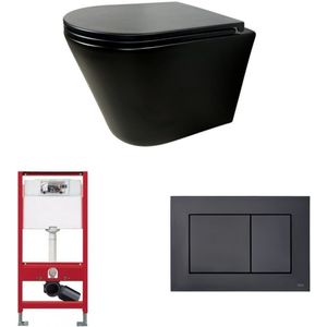 Bewonen Nadine Toiletset - Hangtoilet Rimless Mat Zwart - Met Tece Reservoir/bedieningsplaat - Mat Zwart - Keramiek - Toiletten - Toiletsets