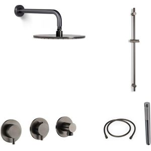 Blue Label Brondby Inbouw Doucheset 3-weg - Geborsteld Gunmetal PVD - Ronde Handdouche - Plafondbuis 10cm - Wandhouder - Messing - Kranen