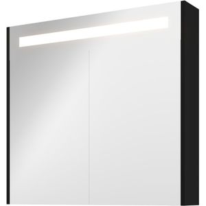 Proline Premium Spiegelkast Met LED Verlichting - Met 2 Houten Deur - Mat Zwart - 80x74cm - Spiegels - Spiegelkasten - 8718835151676