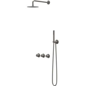IVY Pact Inbouw Regendoucheset Symmetry 2 Stopkranen - 15cm Plafondbuis - 25cm Slim Hoofddouche - Wandhouder - Satin Spray Handdouche - Geborsteld