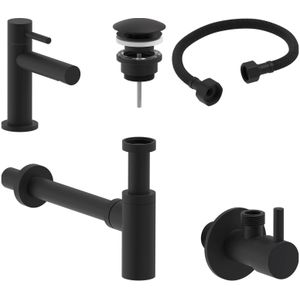 May Stilo Combiset: Fonteinkraan Model - Designplug Always Open - Designsifon - Hoekstopkraan Met Aansluitslang - Mat Zwart PED - Messing - Kranen