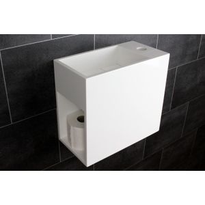 Luca Sanitair Fontein Met Open Schap Links 35x18,5x32h In Mineral Stone Met Verdekte Afvoer, Kraangat Rechts Wit Glans - Rechthoekig - LUVA1335