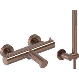 May Badthermostaat Combiset Incl. Wandsteun - Doucheslang 125 Cm - Staaf Handdouche - Geborsteld Mat Koper PVD - Messing - Kranen - Badkranen - Opbouw
