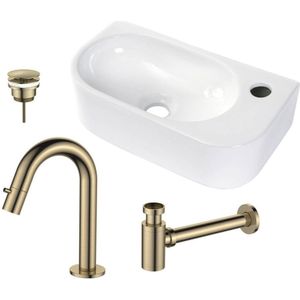 Regn Fonteinset 40x21,5cm Keramiek - Met Kraangat - Rechts - Geborsteld Goud Pvd - Halfrond - 30014BB - Wastafels - Fonteinen - Fonteinsets
