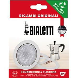 Dichtingen en filterplaat voor Bialetti alum. moka koffiepotten voor 12 kopjes