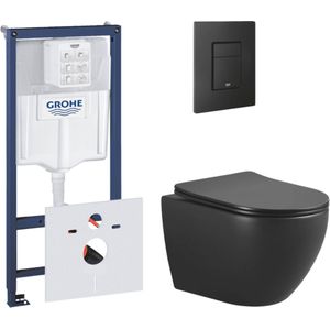 Saqu Please randloos hangtoilet mat zwart met Grohe Rapid SL inbouwreservoir met bevestiging en isolatie mat