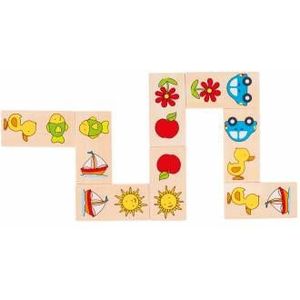 Goki Dominó Unisex kinderen - 28 houten dominostenen met kleurrijke illustraties - Familiespel