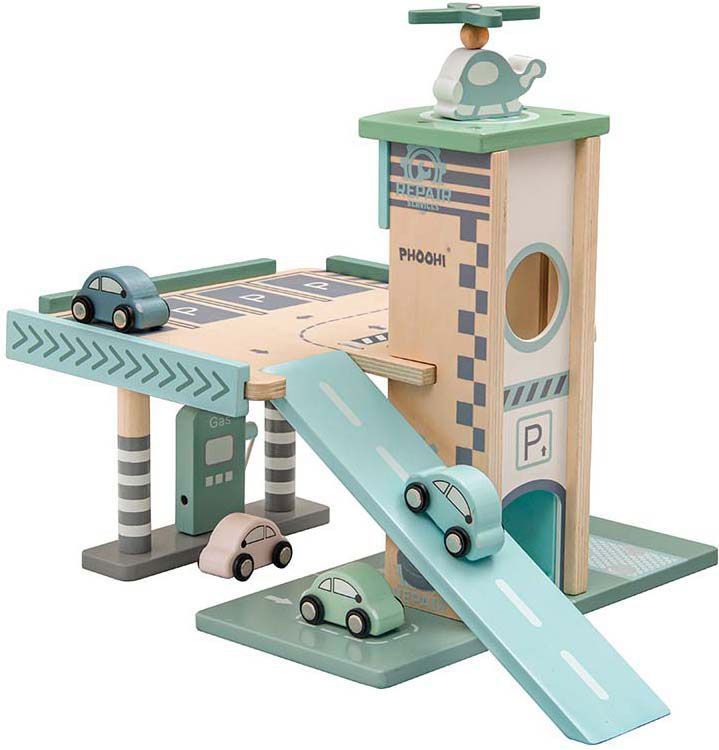 Pastelkleurige Houten Parkeergarage en Tankstation met Lift