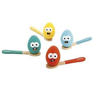 Janod Verjaardagsspel - Eieren race | Ideaal voor kinderen vanaf 3 jaar | Bevat 4 lepels en 4 gekleurde houten eieren