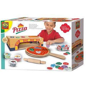 SES - Petits Pretenders - Pizza oven speelset - Montessori - houten oven met pizza en ingrediënten