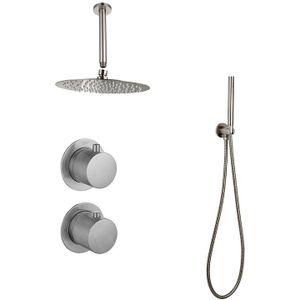 Sani Royal Inbouw Regendouche Doucheset Gun Metal Messing Geborsteld met Plafondsteun en Douchekop 30 cm met Afwerkringen en Geribbelde Knop